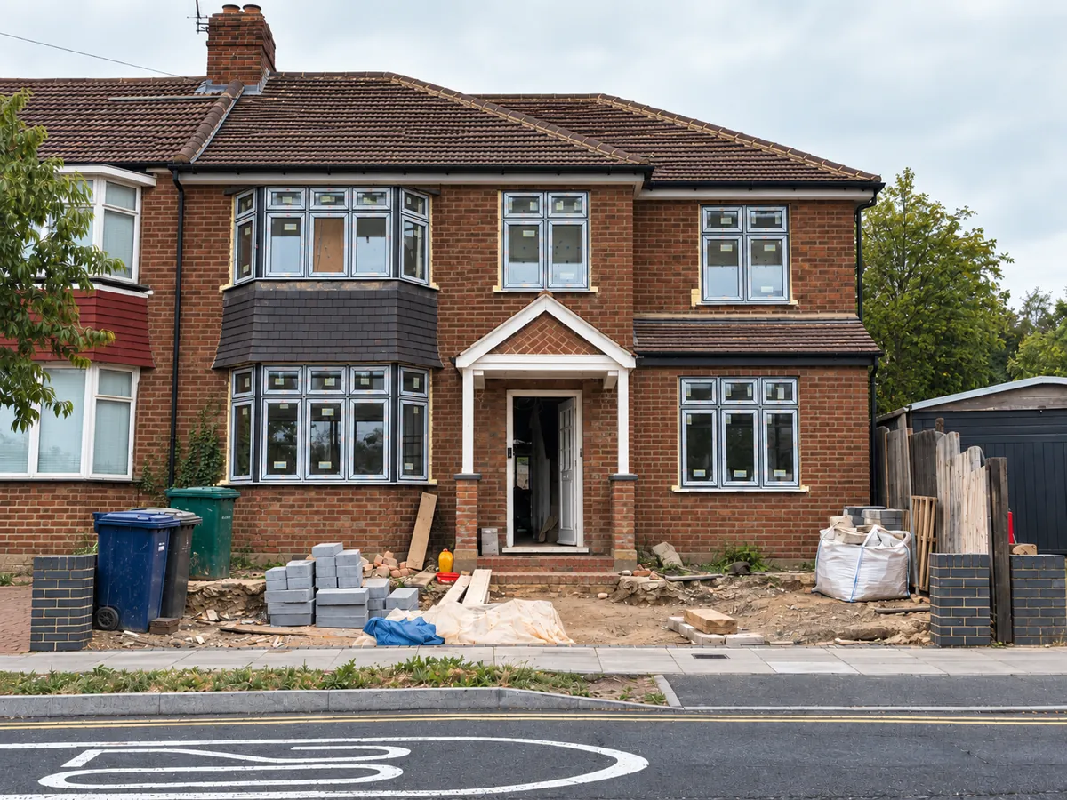 1930s Barnet semi-detached house in bare red brick with a bay window, before external wall insulation