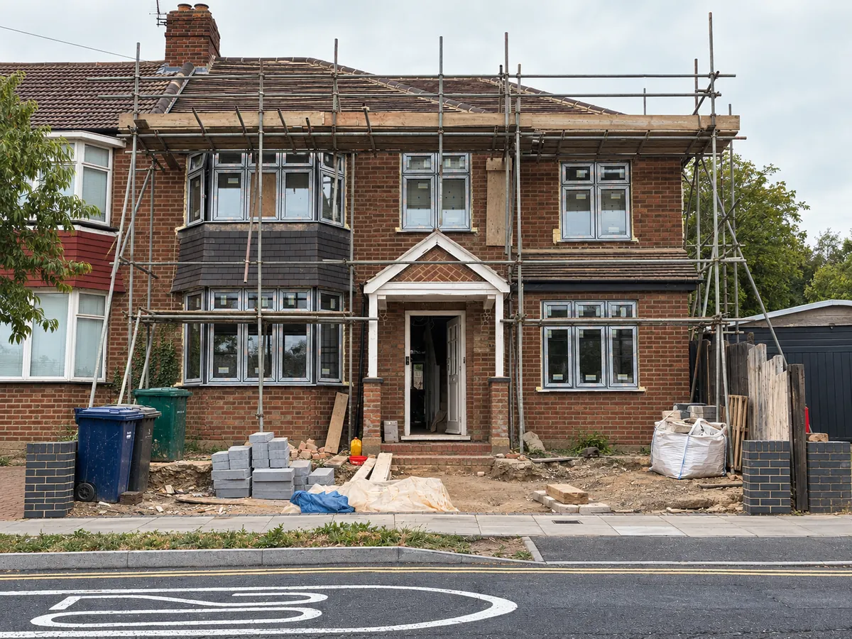 The same Barnet semi with scaffolding erected across the front elevation ready for external wall insulation