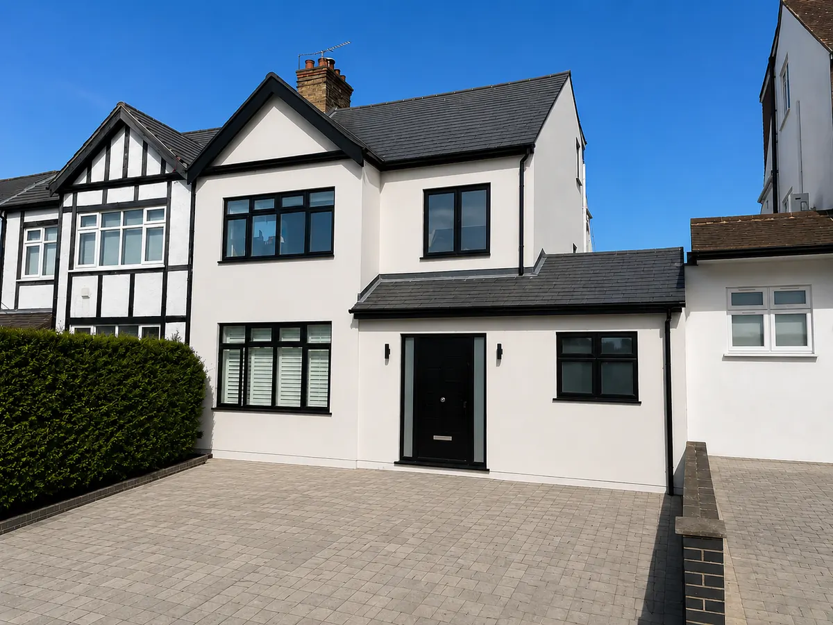 Completed cream render finish on an interwar semi-detached home in North West London
